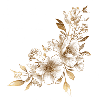 Golden floral bouquet with delicate leaves and intricate flowers arranged in corner design, showcasing elegant botanical details with luxurious and upscale feel png