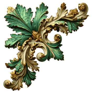 Baroque style ornamental corner with intricate gold and green acanthus leaves, elegant flourish design with detailed texture and classic decorative art expression png