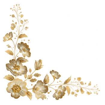 Golden floral corner with detailed leaves and blooming flowers, elegant botanical design with luxurious and delicate appearance, perfect for decorative accents and invitations png