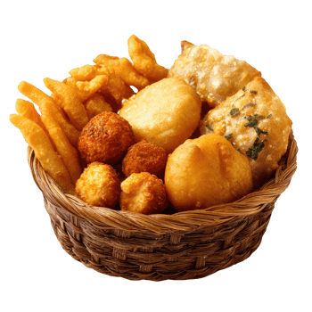 Basket of assorted fried snacks with golden crispy texture, including fritters, dumplings, and savory bites, perfect for delicious and satisfying snack time treat png