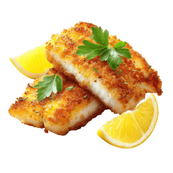Crispy fried fish fillet with golden breading garnished with fresh green parsley and served with bright yellow lemon wedges, creating delicious and appetizing seafood dish png