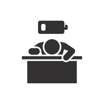 tiredness or burnout icon, tired person in the workplace, low level energy in work battery, exhausted and sleepy man, flat illustration vector