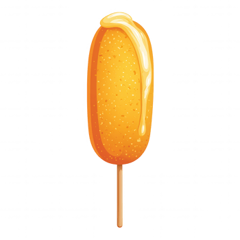 Corn dog with mustard sauce on wooden stick, crispy golden fried batter coating, delicious carnival food snack, tasty and savory treat for enjoyment png