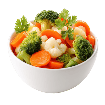 Boiled vegetable mix with broccoli, carrot, and cauliflower in white bowl garnished with fresh parsley, offering healthy and colorful side dish full of natural flavors and nutrients png
