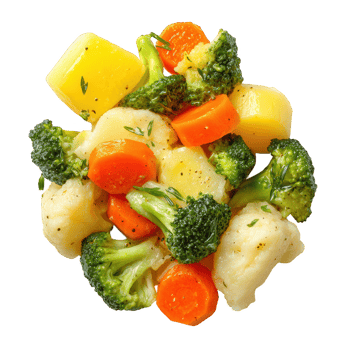 Boiled vegetables mix with broccoli, carrot, cauliflower, and potato seasoned with herbs and pepper, isolated on transparency background, fresh and healthy food concept png