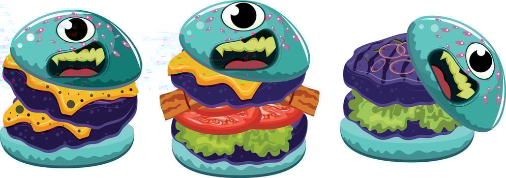 set with Halloween food, namely burgers with various fillings stylized as a monster with one eye and yellow teeth, for Halloween posters, patterns or other holiday designs vector