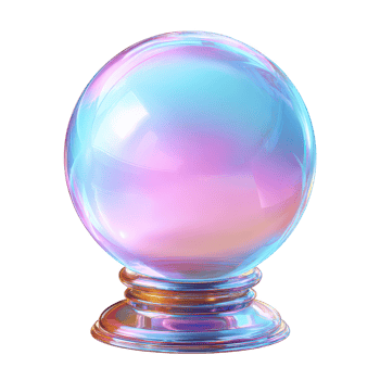Crystal ball with iridescent colors on reflective base, glowing with soft blue, pink, and purple hues, evoking mystical and magical atmosphere png