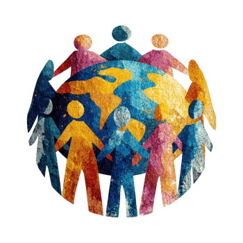 Colorful people holding hands around globe symbolizing unity and diversity with textured paint effect, representing global community and cooperation png
