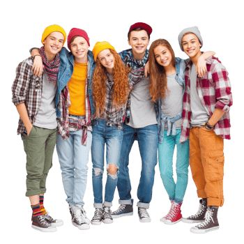 Happy teenager group standing together in casual colorful clothing with hats and scarves, smiling and showing friendship and joy in lively pose png