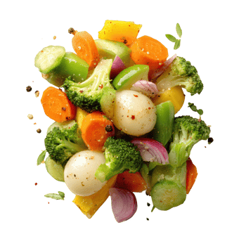 Lightly seasoned boiled vegetable mix with broccoli, carrot, onion, cucumber, and quail egg, isolated on transparency background, fresh and colorful healthy food png