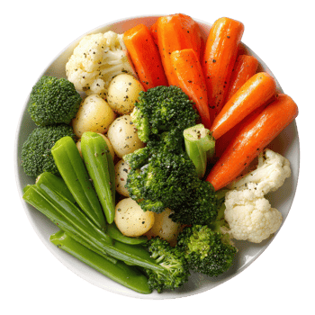 Boiled vegetable platter with vibrant carrots, broccoli, cauliflower, okra, and small potatoes seasoned with black pepper, creating fresh and healthy dish full of color and texture png