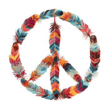 Colorful feather peace symbol with vibrant orange, red, and blue feathers arranged in circle, representing harmony and tranquility with artistic detail and texture png