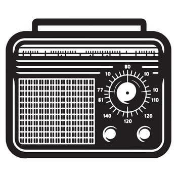 Black and white graphic illustration of a vintage radio with tuning dial retro broadcast vector