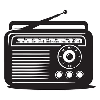 Black silhouette of a vintage portable radio with antenna and tuning dial retro broadcast vector