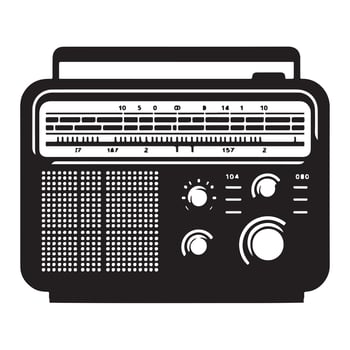 Black and white illustration of a vintage portable radio with knobs and tuning dial retro audio vector