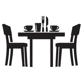 Black silhouette of a dining table set for two with chairs set table cutlery vector