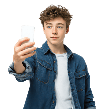 Young boy with curly hair and freckles wearing denim jacket and white shirt taking selfie with smartphone, isolated on transparency background with calm expression png
