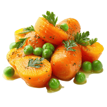 Soft boiled carrot slices and whole peas garnished with fresh green parsley and seasoned with herbs and oil, isolated on transparency background for healthy vegetable dish png