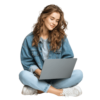 Young woman sitting cross legged using laptop, casual denim jacket and jeans outfit, relaxed and focused expression, isolated on transparency background png