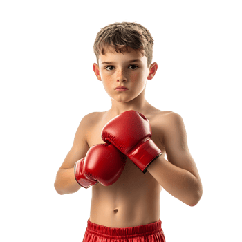 Young boy preparing for boxing match with focused expression and red gloves png