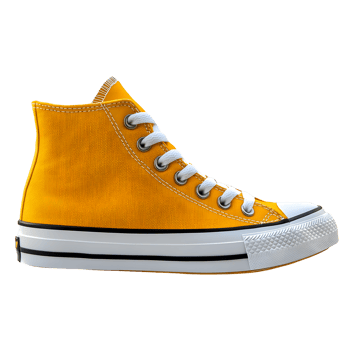 A textured yellow high top sneaker with white laces isolated on transparent background png