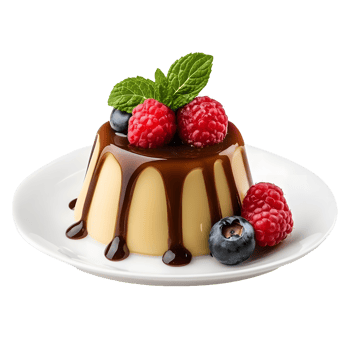 Delicious panna cotta dessert topped with fresh berries and chocolate sauce isolated on transparent background png