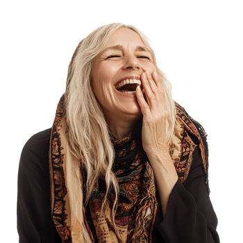 Joyful elderly woman with long blonde hair laughing heartily with eyes closed isolated on transparent background png