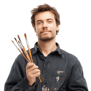 Young artist holding paintbrushes, male painter with beard, creative man in paint stained shirt, confident expression, isolated on transparency background png