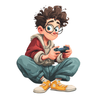 Young boy with curly hair and glasses playing game with controller, wearing casual hoodie, pants, and yellow sneakers, sitting cross legged and focused on digital entertainment png