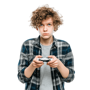 Young gamer holding game controller focused on playing game with curly hair and casual plaid shirt isolated on transparency background png