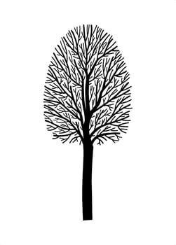 Long decorative stylized hand drawn black and white forest tree illustration, leafless silhouette with gothic fairy tale aesthetic for spooky seasonal Halloween design, textile pattern, wood theme art vector