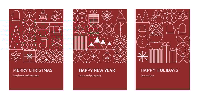 Set of three minimalist red holiday greeting cards featuring white line illustrations of festive icons including gifts, ornaments, trees, snowmen, and mountains vector