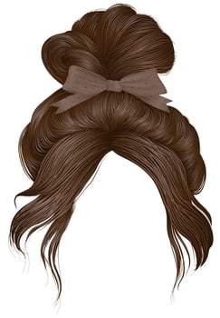 brown hair in a bun with a beige bow. women's fashion, beauty, style. vector