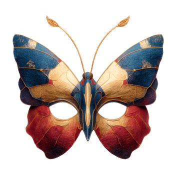 Ornate butterfly masquerade mask with intricate details and vibrant colors isolated on transparent background png