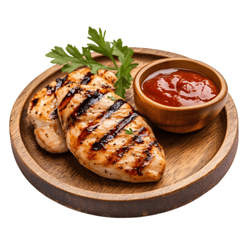 Deliciously grilled chicken breast with savory dipping sauce and fresh parsley isolated on transparent background png