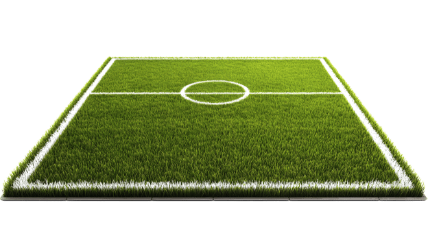 A realistic miniature soccer field with white markings isolated on transparent background png