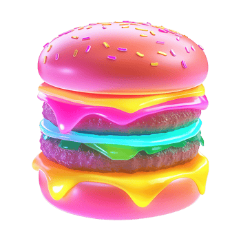 Shiny 3D Rainbow Hamburger with Multicolor Glow and Sesame Seeds Isolated on Transparent Background png