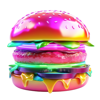 Colorful 3D Cheeseburger with Glossy Finish and Neon Highlights Isolated on Transparent Background png
