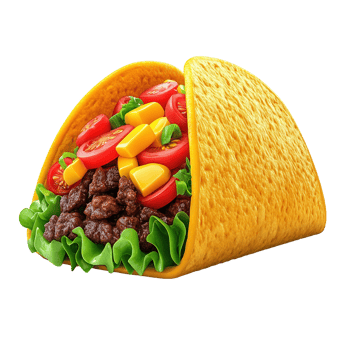 Glossy 3D Cartoon Taco with Ground Beef, Vegetables, and Cheese Isolated on Transparent Background png