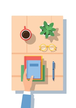 A hand holding a book and a cup of coffee on a table vector