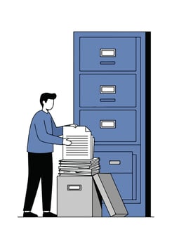 A man is standing next to a filing cabinet with papers vector