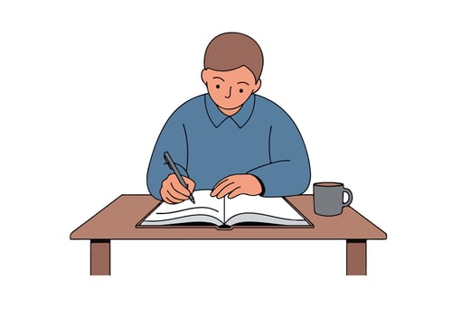 Man writing in book, coffee cup and pen vector