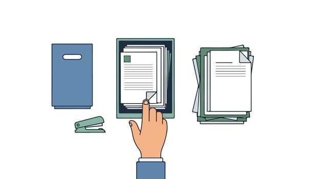 A hand is holding a stack of papers and a folder vector