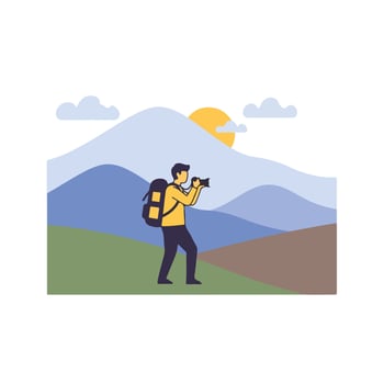 A man with a backpack is taking a picture of the mountains vector