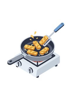Fried food in a frying pan on a stove vector