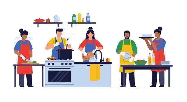 People in aprons cooking in the kitchen vector