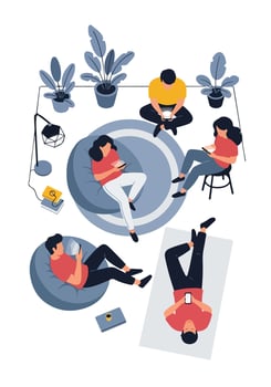 People sitting around a table with laptops and phones vector