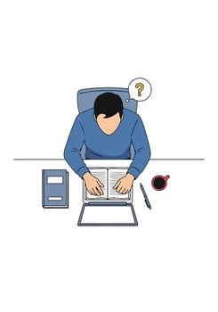A man is sitting at a desk with a book and a coffee cup vector
