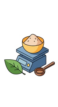 A bowl of flour and a measuring cup with a leaf vector