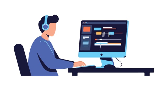 A man is sitting at a computer with headphones on vector